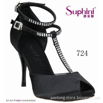 Peep Toe Rhinestone Black Tango Dance Shoes